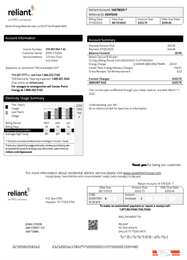 USA RELIANT utility bill Word and PDF template
